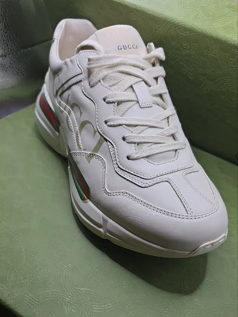 Gucci White Leather Sneaker with Red & Green Stripe Logo